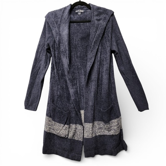 Barefoot Dreams Cozychic Lite Knit Cardigan Sweater Womens Medium Blue w/ Stripe - Picture 2 of 8